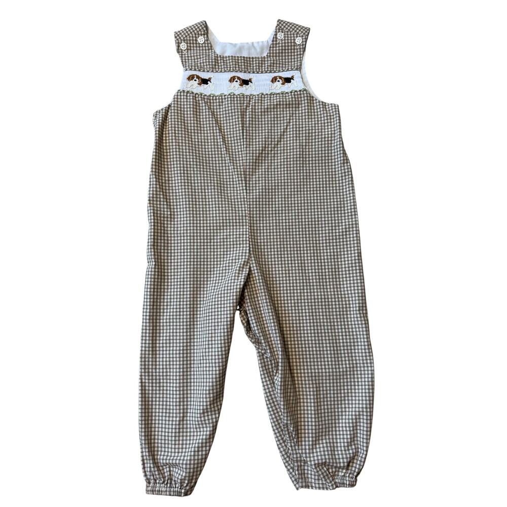 The Bailey Boys Toddler Overalls 2T Plaid Smocked Dog Longall Brown Beige Check